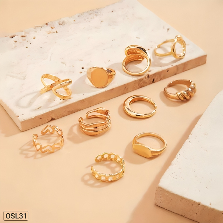 Golden Glow - 10-in-1 Gold Plated Stackable Ring Set (Anti-Tarnish | Adjustable)OSL31