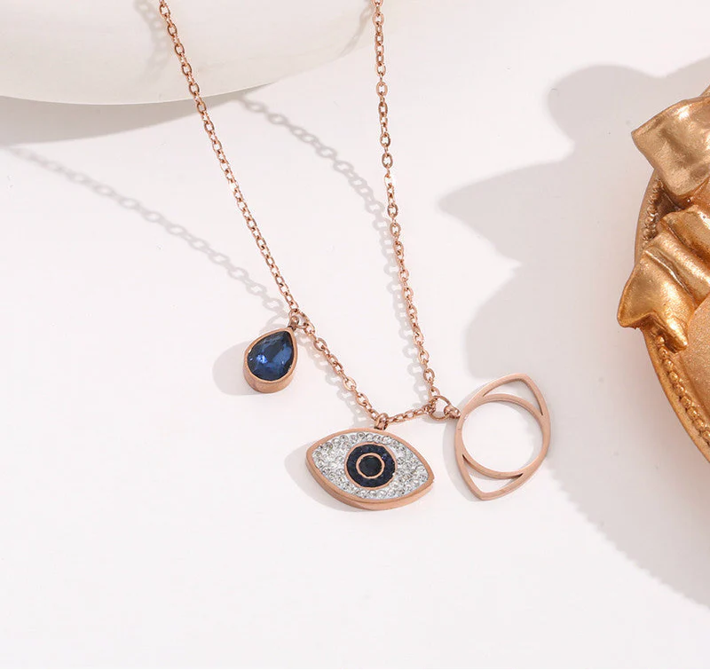 Rose Gold Plated Stainless Steel Evil Eye Pendant Necklace with American Diamonds - OSL-126