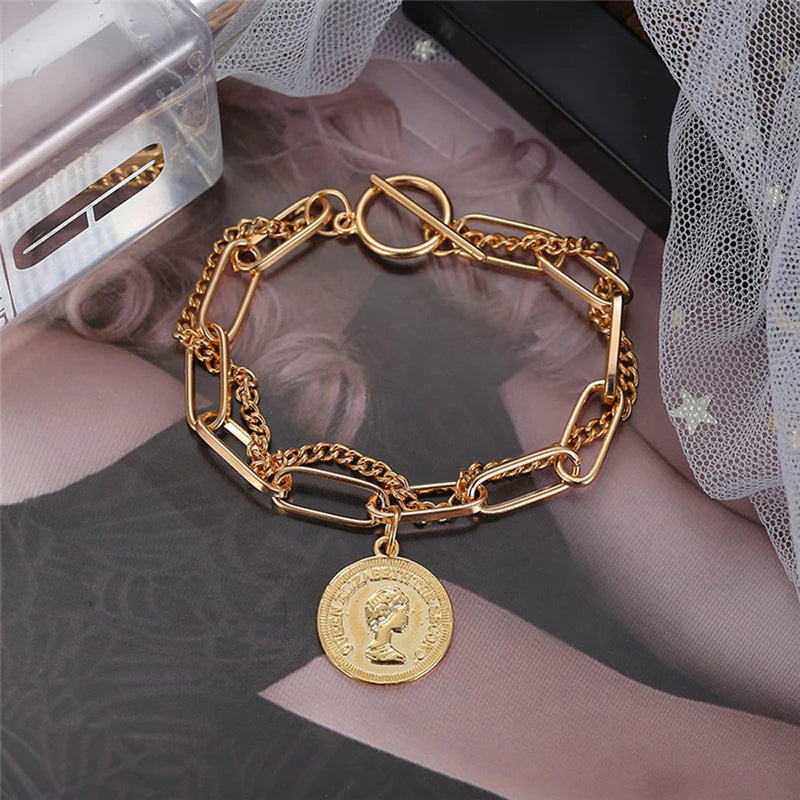Stylish Coin Head Gold Plated Multi-Strand Bracelet - OSL116