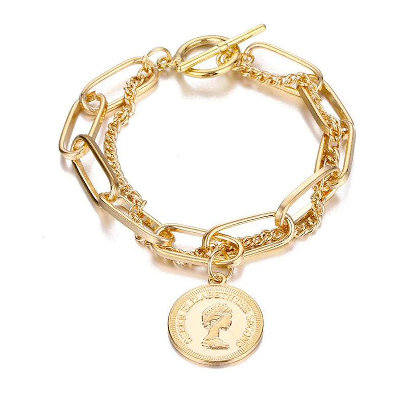 Stylish Coin Head Gold Plated Multi-Strand Bracelet - OSL116