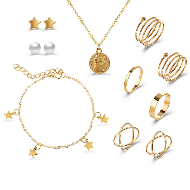 Pearl & Gold-Plated Jewellery Set with Necklace, Earrings, Rings & Bracelet for Women - OSL-142