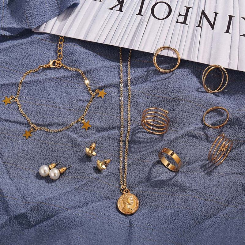 Pearl & Gold-Plated Jewellery Set with Necklace, Earrings, Rings & Bracelet for Women - OSL-142