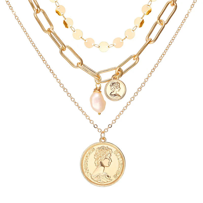 Gold Plated Coin-Inspired Layered Necklace for Women (Anti-Tarnish | Stainless Steel) - OSL-140