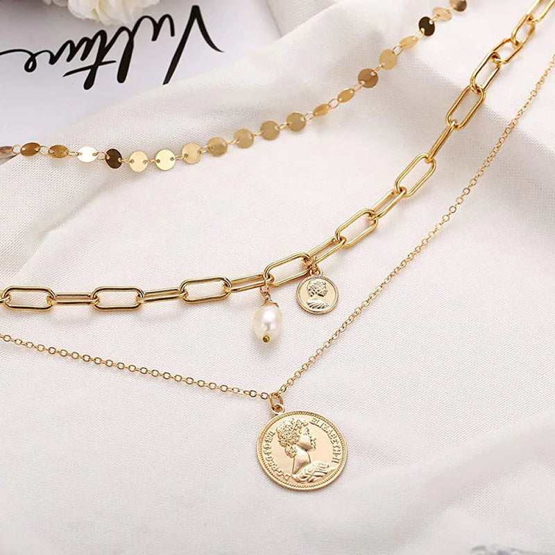 Gold Plated Coin-Inspired Layered Necklace for Women (Anti-Tarnish | Stainless Steel) - OSL-140