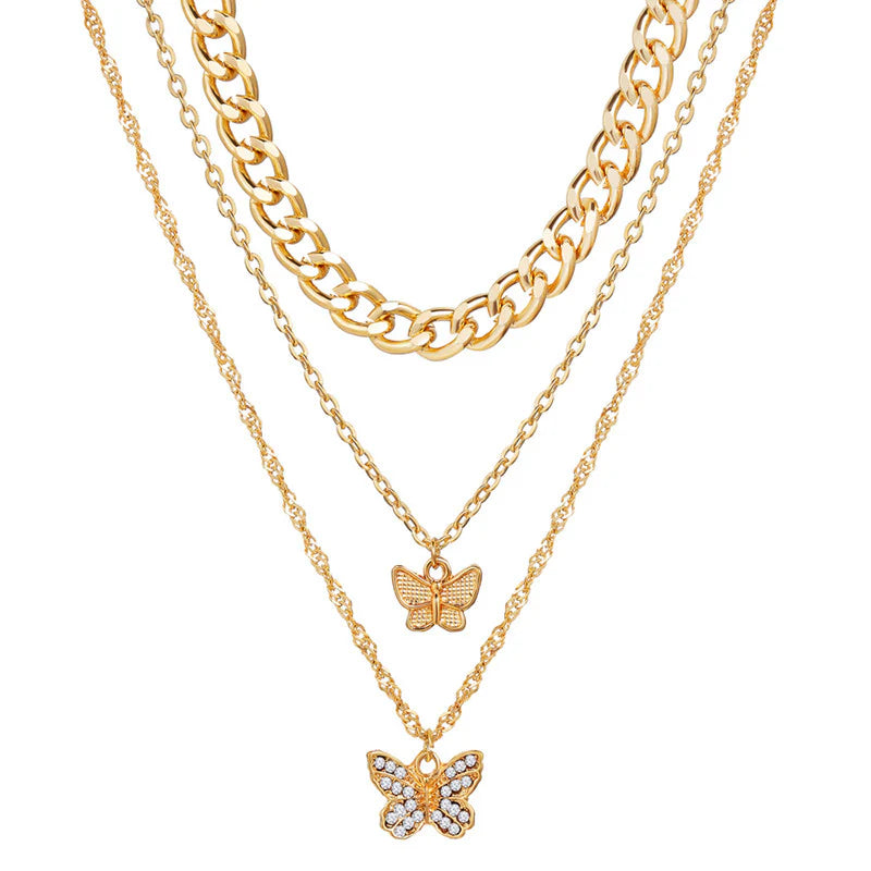 Gold Plated Multi-Strand Butterfly Necklace with American Diamonds for Women - OSL-136