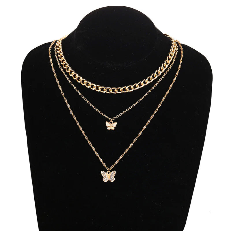 Gold Plated Multi-Strand Butterfly Necklace with American Diamonds for Women - OSL-136