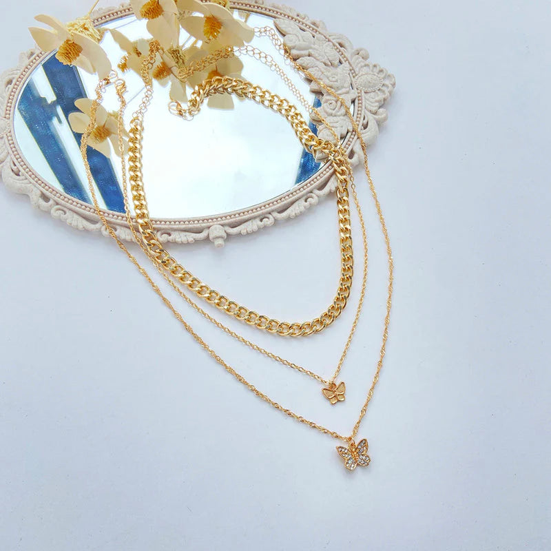Gold Plated Multi-Strand Butterfly Necklace with American Diamonds for Women - OSL-136