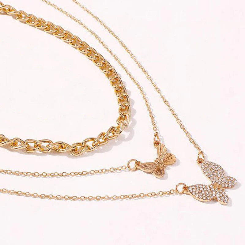 Gold Plated Multi-Strand Butterfly Necklace with American Diamonds for Women - OSL-136