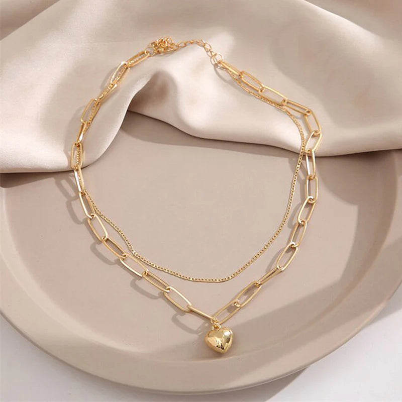 Gold Plated Heart-Inspired Layered Necklace for Women-OSL-132