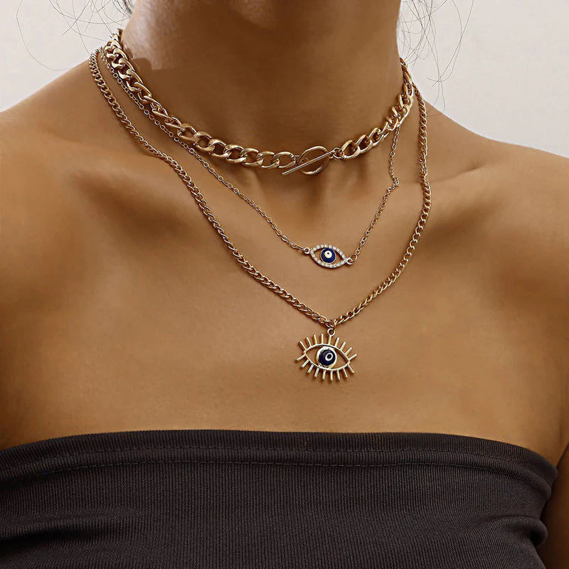 Gold Plated Evil Eye Layered Necklace - OSL123