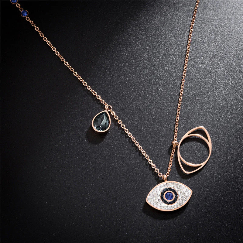 Rose Gold Plated Stainless Steel Evil Eye Pendant Necklace with American Diamonds - OSL-126