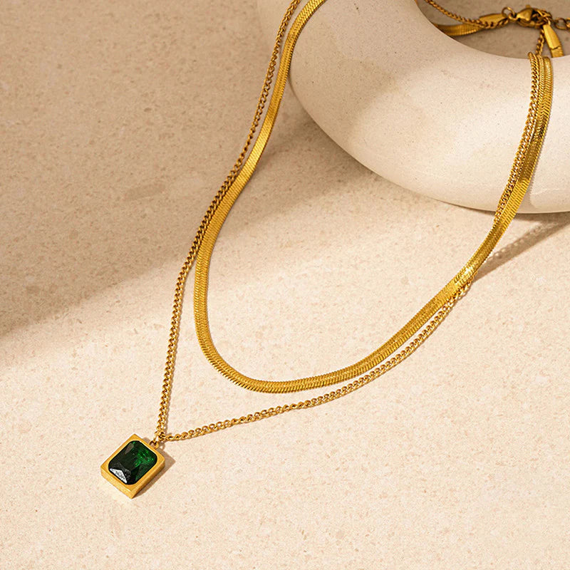 Gold Plated Anti-Tarnish Emerald Green Geometric Layered Necklace - OSL-130