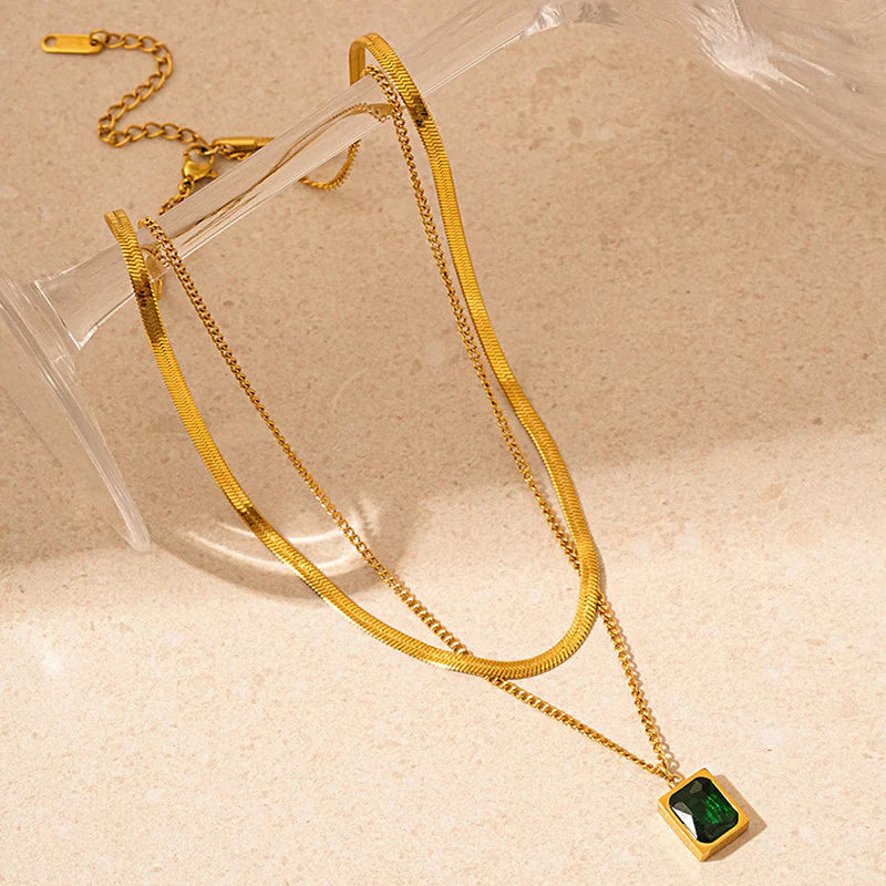 Gold Plated Anti-Tarnish Emerald Green Geometric Layered Necklace - OSL-130