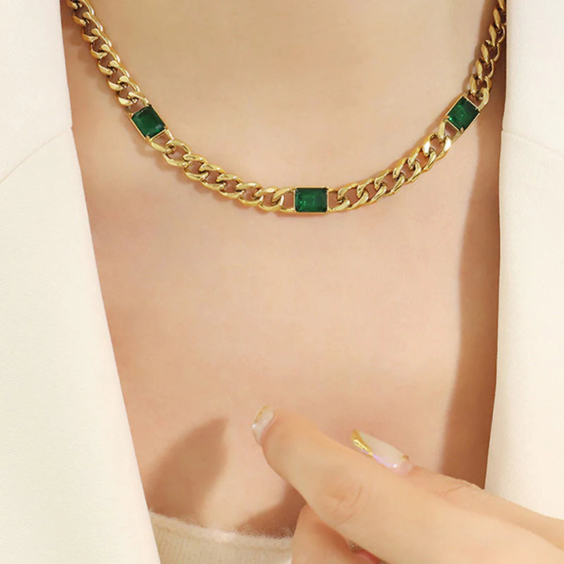 Gold Plated Stainless Steel Anti-Tarnish Cuban Necklace with Green Crystals - OSL-134