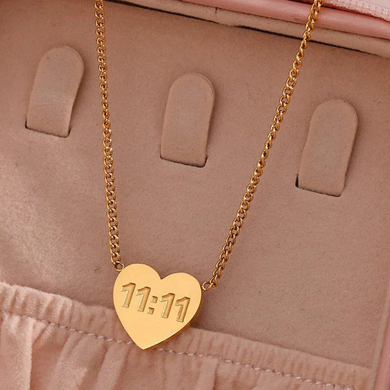 Gold Plated Anti-Tarnish “11:11 Make a Wish” Heart & Angel Pendant Necklace - OSL-138