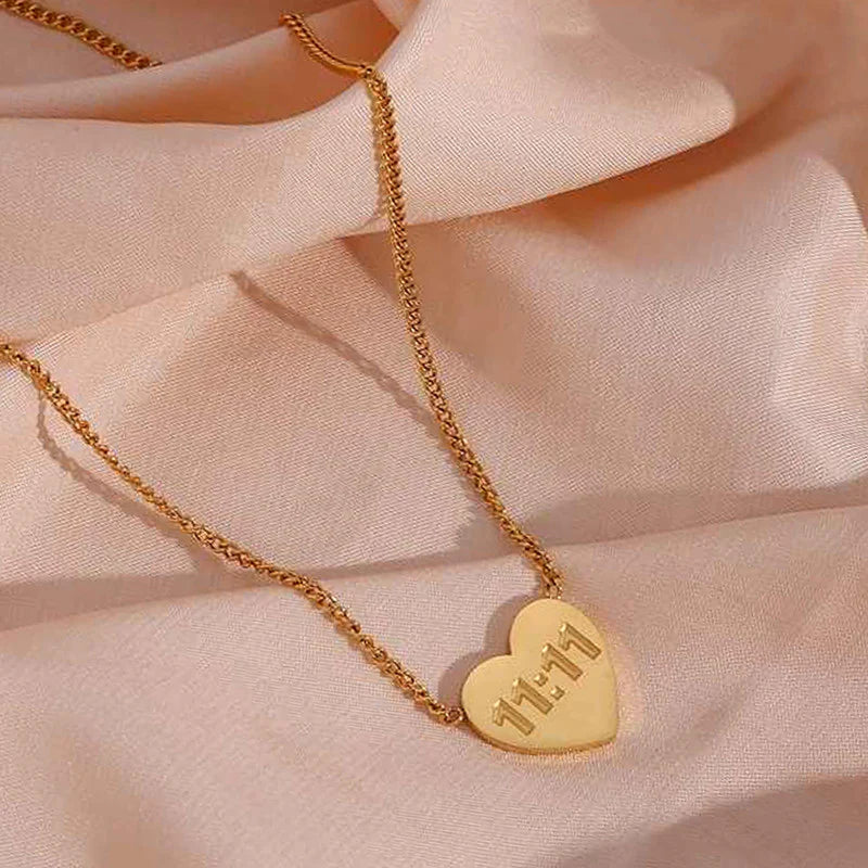 Gold Plated Anti-Tarnish “11:11 Make a Wish” Heart & Angel Pendant Necklace - OSL-138