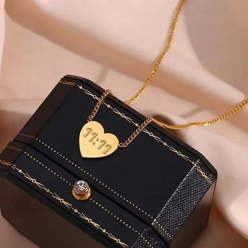 Gold Plated Anti-Tarnish “11:11 Make a Wish” Heart & Angel Pendant Necklace - OSL-138