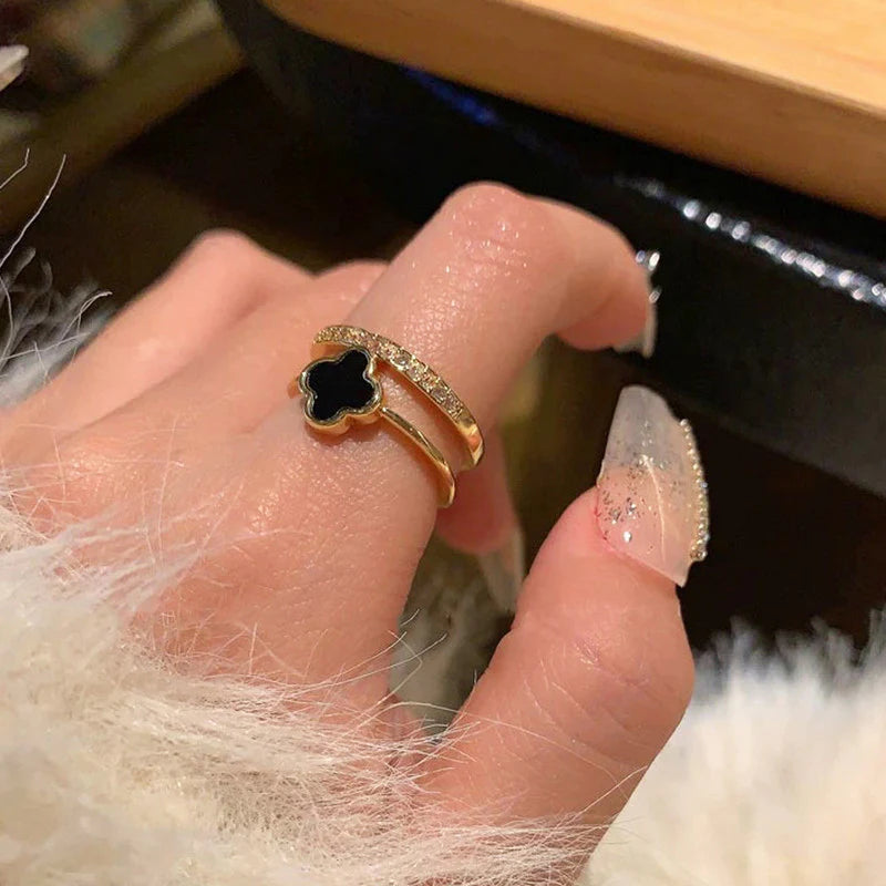 Gold Plated Anti-Tarnish Stainless Steel Clover Themed Adjustable Finger Ring - OSL94