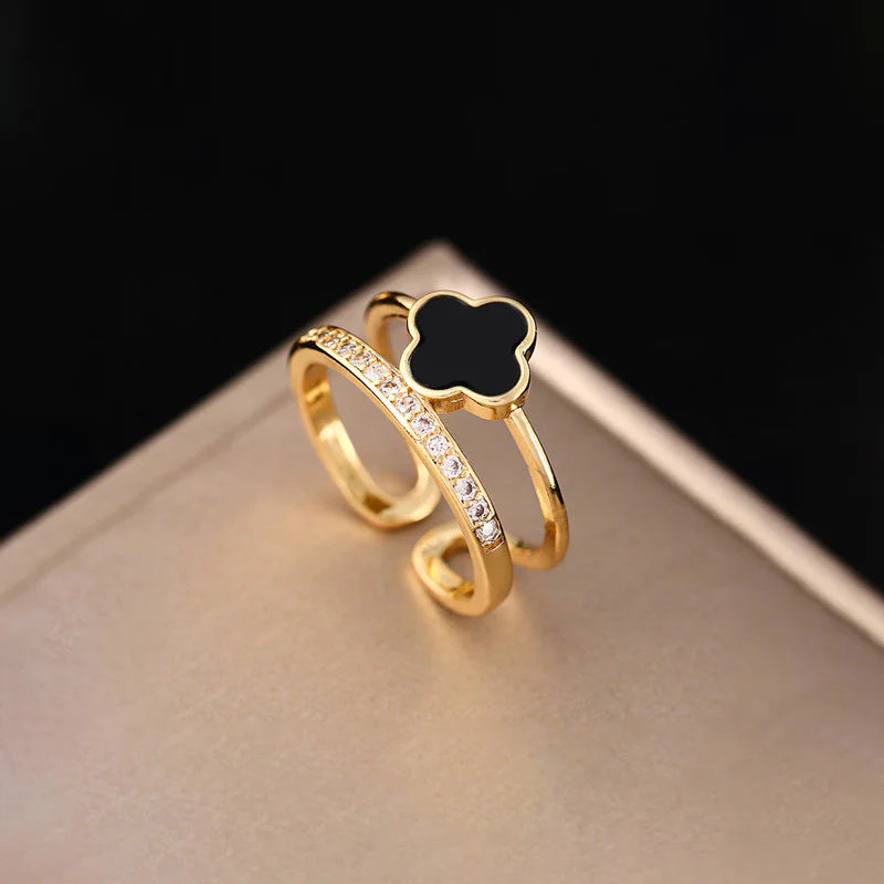 Gold Plated Anti-Tarnish Stainless Steel Clover Themed Adjustable Finger Ring - OSL94