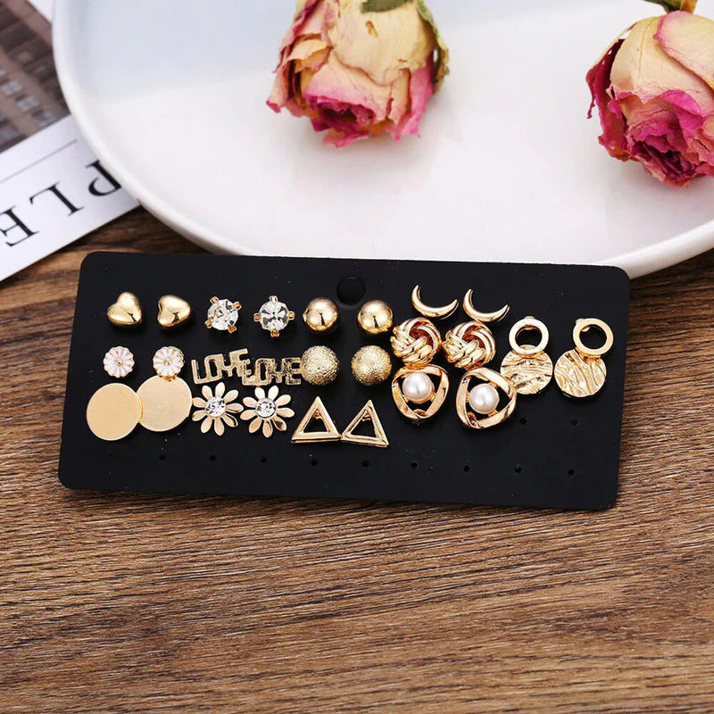 Gold Plated Stud Earrings Combo (Pack of 14) - OSL112