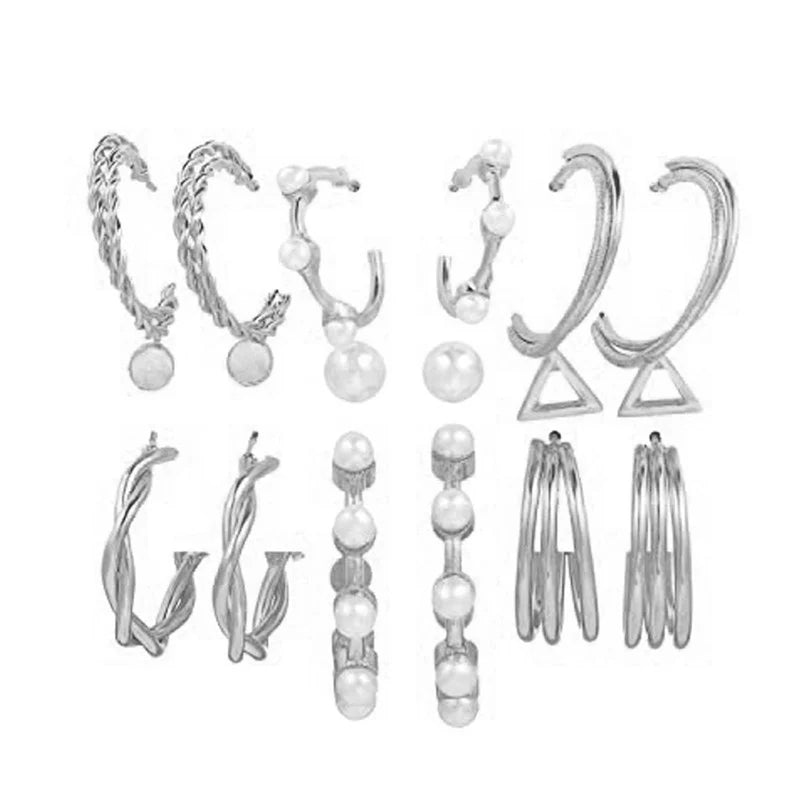Silver Plated Contemporary Hoop Earrings Set (Pack of 9) - OSL108