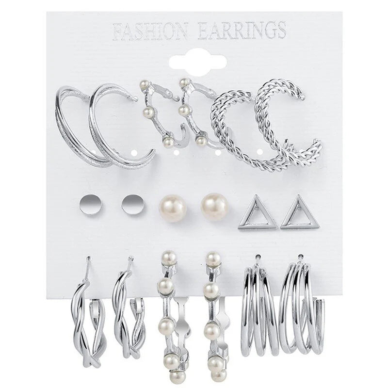 Silver Plated Contemporary Hoop Earrings Set (Pack of 9) - OSL108