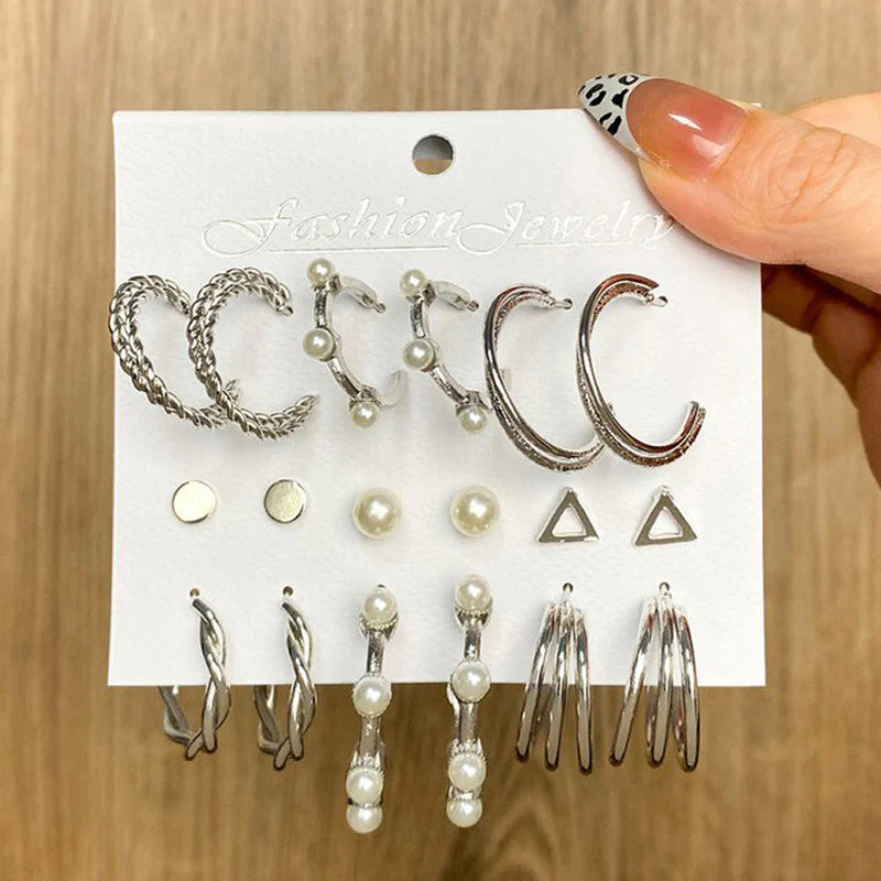 Silver Plated Contemporary Hoop Earrings Set (Pack of 9) - OSL108