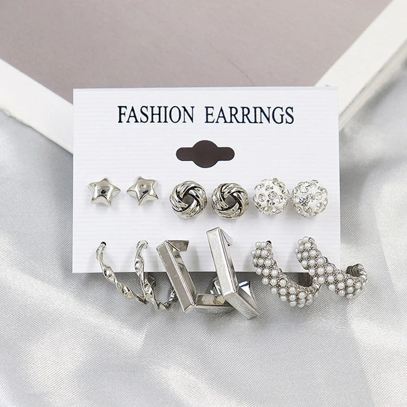 Gold Plated White Studs, Hoops & Drop Earrings Set (Pack of 6) - OSL107