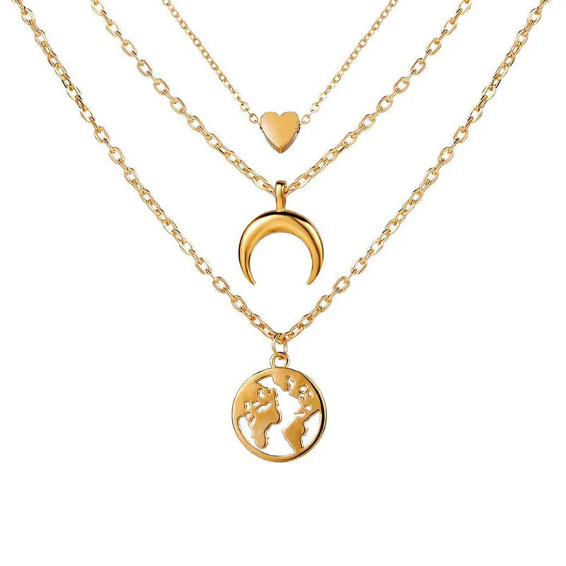 Gold Plated Moon, Star & World Layered Necklace for Women (Anti-Tarnish) - OSL-145