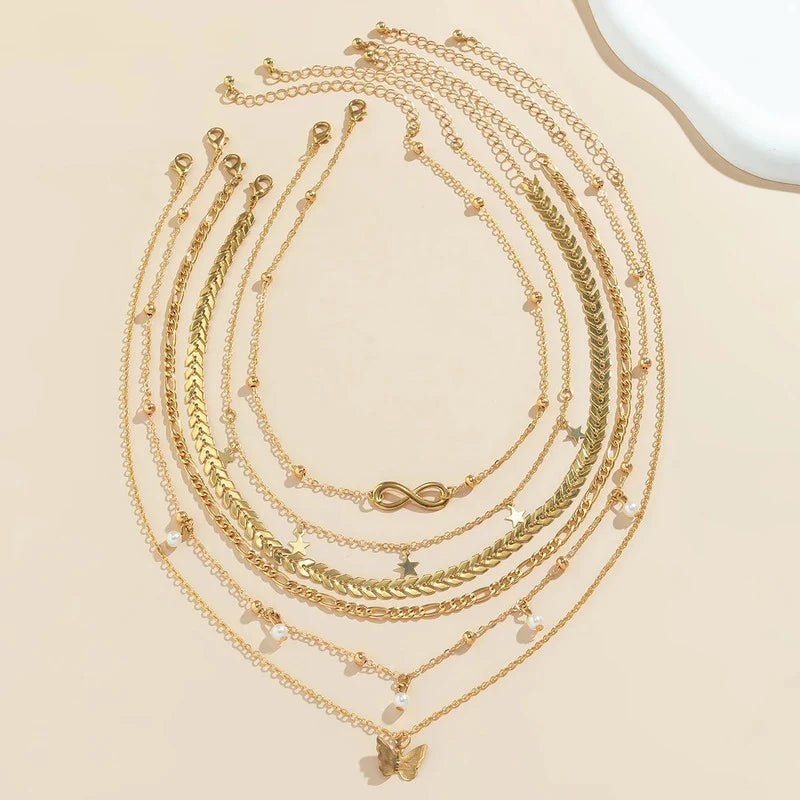 Gold Plated Layered Necklace Set (Pack of 6 | Anti-Tarnish) - OSL-147