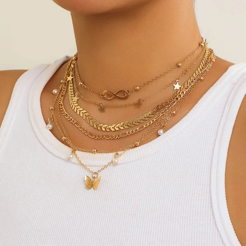 Gold Plated Layered Necklace Set (Pack of 6 | Anti-Tarnish) - OSL-147