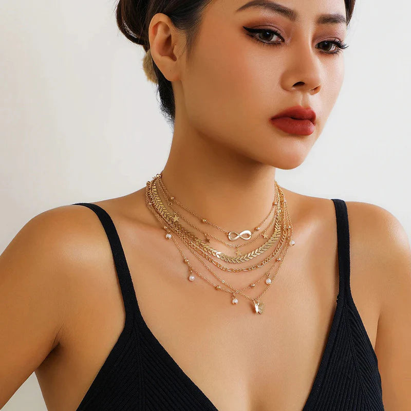 Gold Plated Layered Necklace Set (Pack of 6 | Anti-Tarnish) - OSL-147