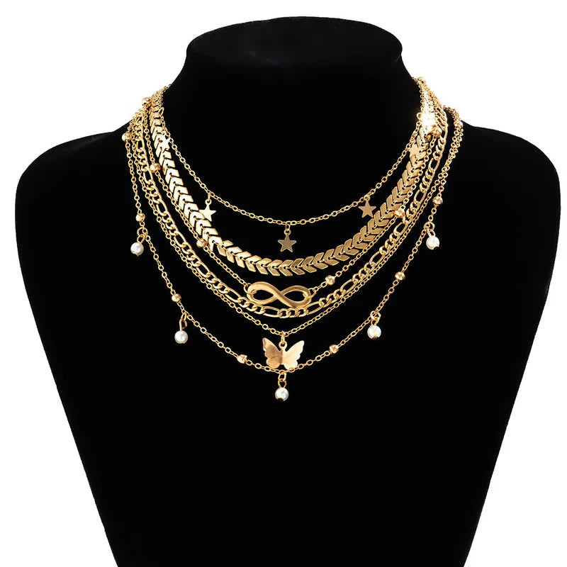 Gold Plated Layered Necklace Set (Pack of 6 | Anti-Tarnish) - OSL-147