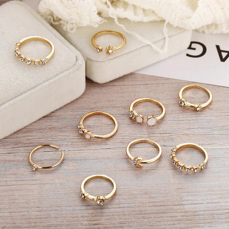 Trending Gold Plated Love-Inspired Set of 9 Stackable Finger Rings - OSL95