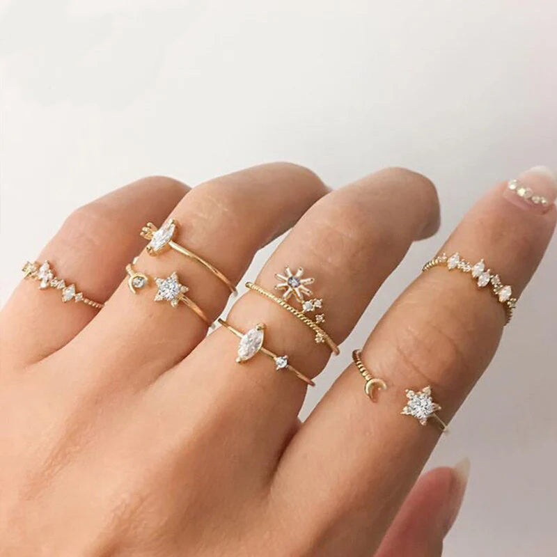 Gold Plated Stackable Moon-Star Rings Set of 7 for Women - OSL-103