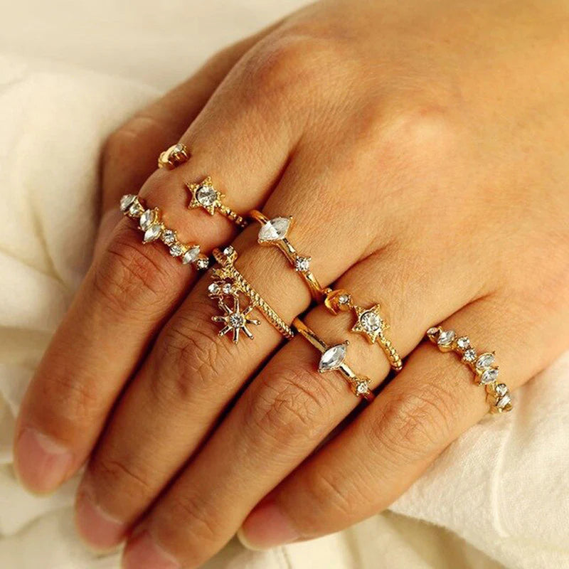 Gold Plated Stackable Moon-Star Rings Set of 7 for Women - OSL-103