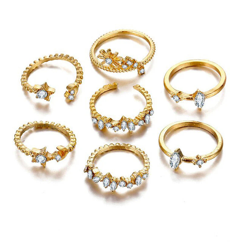 Gold Plated Stackable Moon-Star Rings Set of 7 for Women - OSL-103