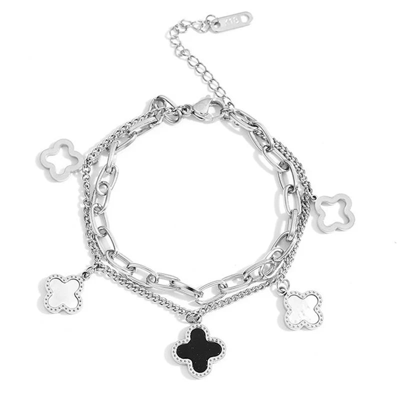 Stainless Steel Silver-Plated Mother of Pearl Clover Wraparound Bracelet (Anti-Tarnish) -OSL-141