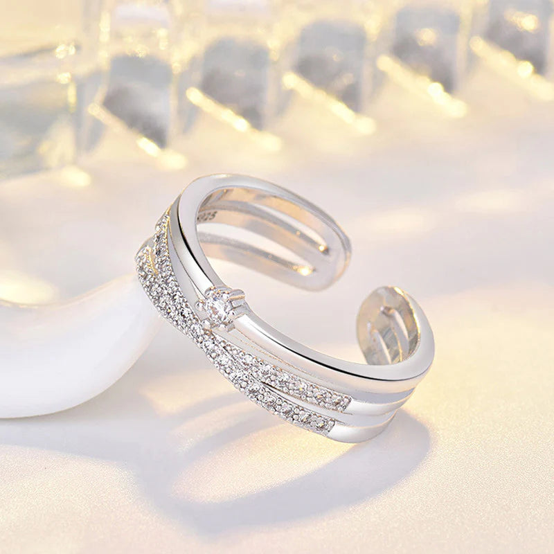 Silver Plated American Diamond Studded Contemporary Korean Finger Ring - OSL-99