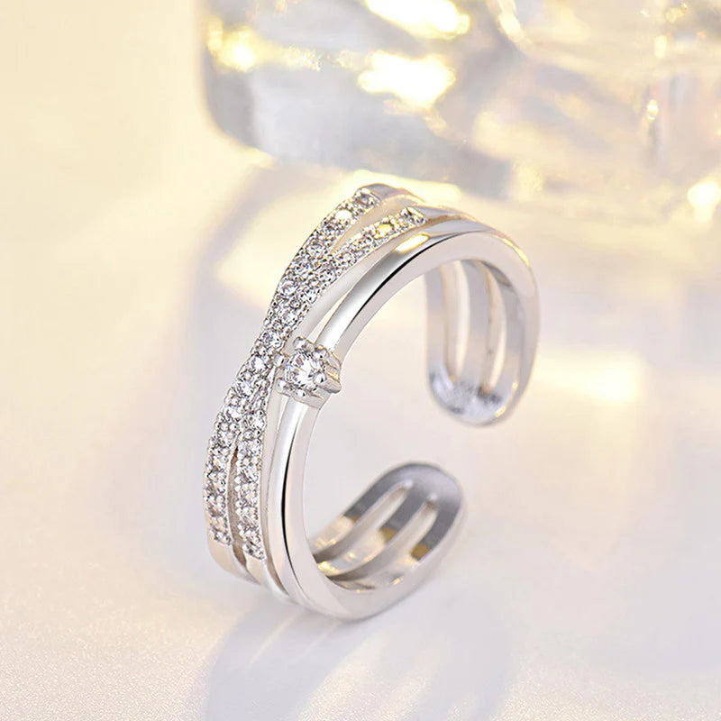 Silver Plated American Diamond Studded Contemporary Korean Finger Ring - OSL-99