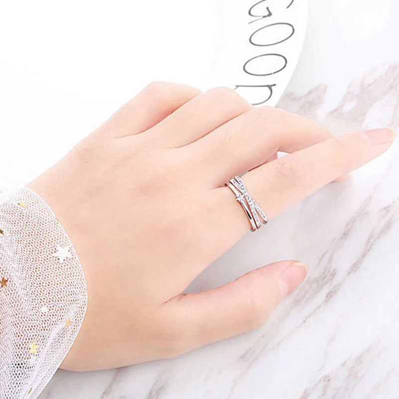 Silver Plated American Diamond Studded Contemporary Korean Finger Ring - OSL-99