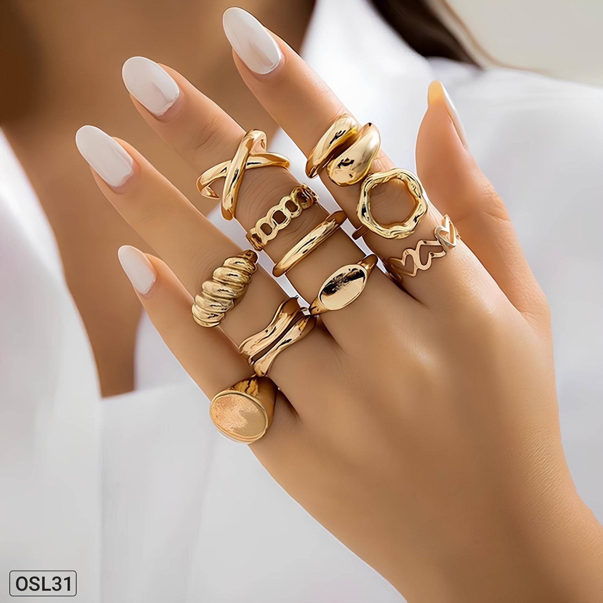 Golden Glow - 10-in-1 Gold Plated Stackable Ring Set (Anti-Tarnish | Adjustable)OSL31