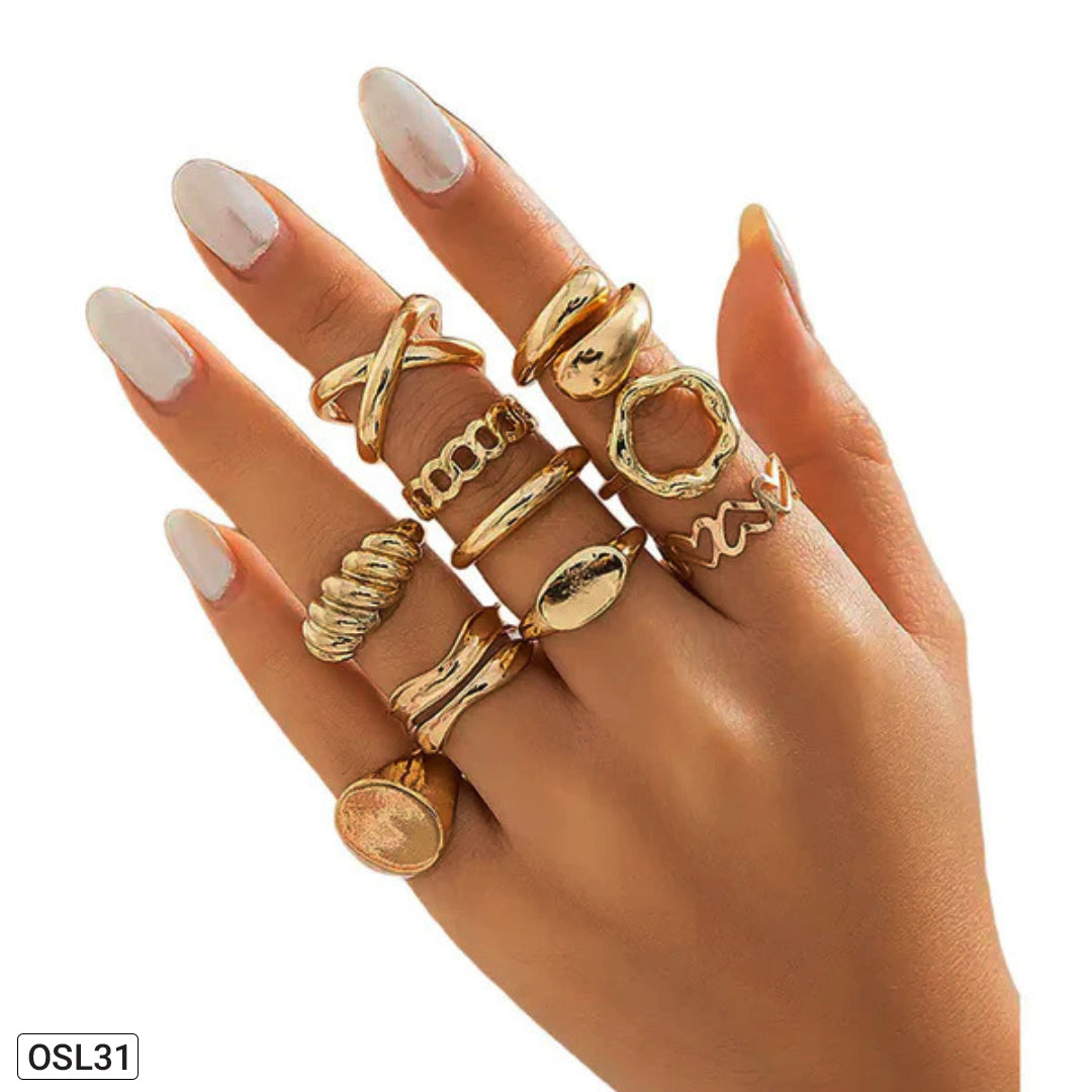 Golden Glow - 10-in-1 Gold Plated Stackable Ring Set (Anti-Tarnish | Adjustable)OSL31