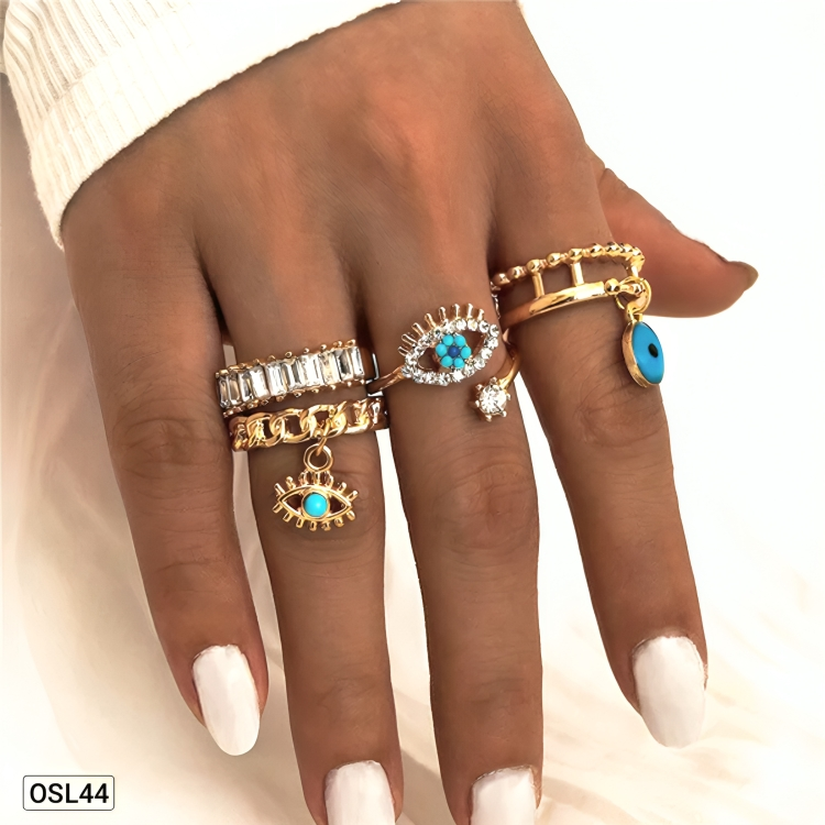 EyeCharm Stack - Gold Plated Evil Eye Rings Combo (Set of 4 | Adjustable | Anti-Tarnish | Women’s Protection Jewelry) OSL44