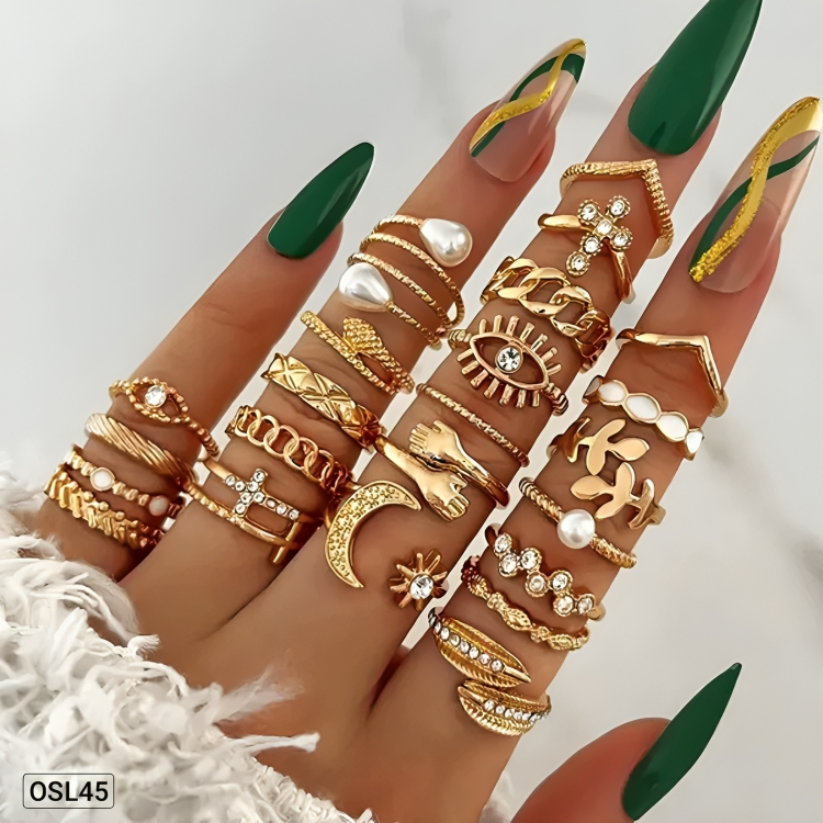 Golden Vault - Pack of 23 Gold Plated Stackable Rings for Women (Trendy | Adjustable | Anti-Tarnish) OSL45