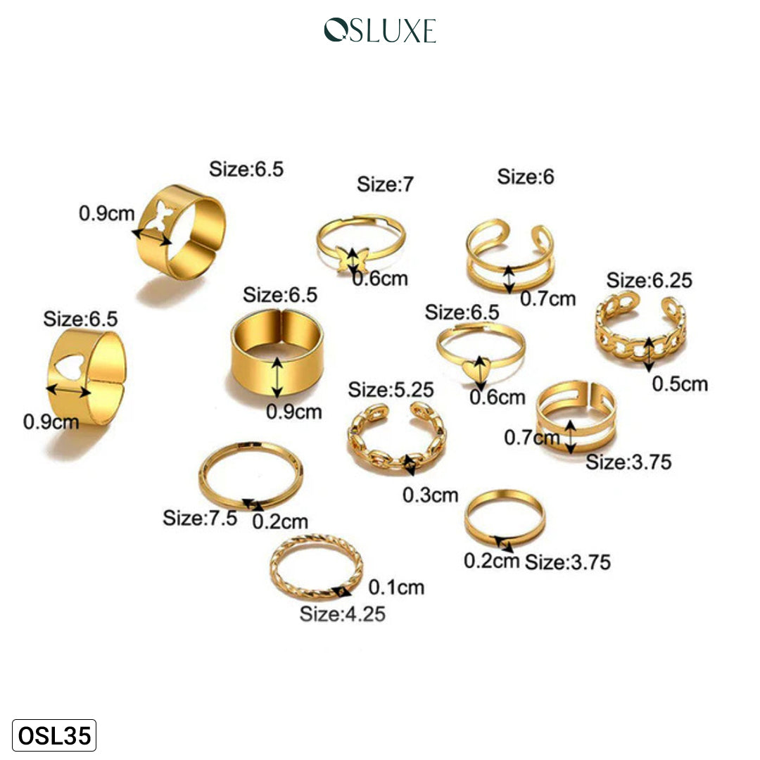 Radiant Stack - Set of 12 Adjustable Gold-Plated Rings for Women (Anti-Tarnish | Waterproof)OSL35