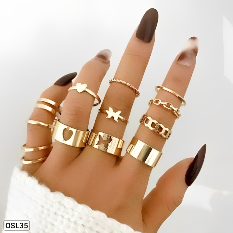 Radiant Stack - Set of 12 Adjustable Gold-Plated Rings for Women (Anti-Tarnish | Waterproof)OSL35