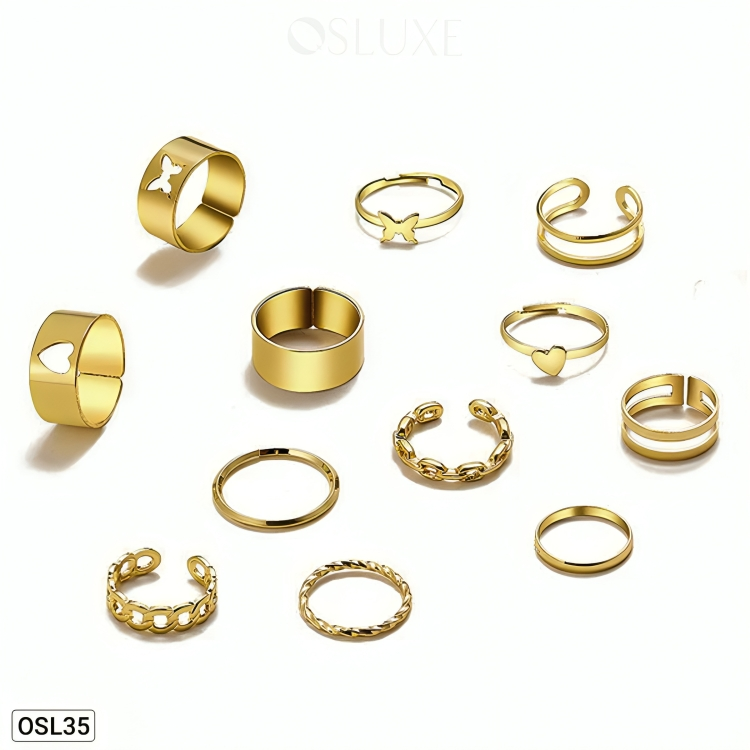 Radiant Stack - Set of 12 Adjustable Gold-Plated Rings for Women (Anti-Tarnish | Waterproof)OSL35