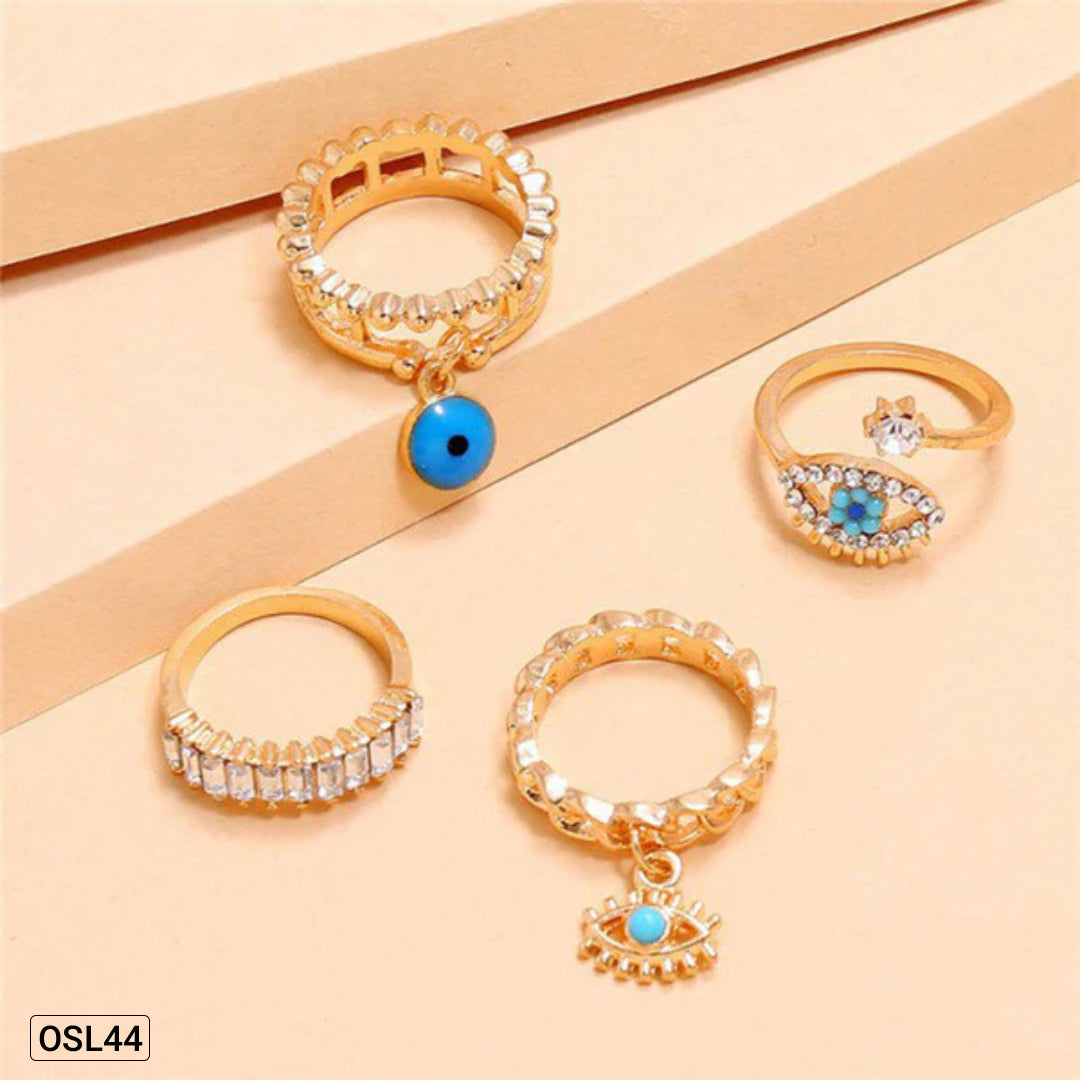EyeCharm Stack - Gold Plated Evil Eye Rings Combo (Set of 4 | Adjustable | Anti-Tarnish | Women’s Protection Jewelry) OSL44