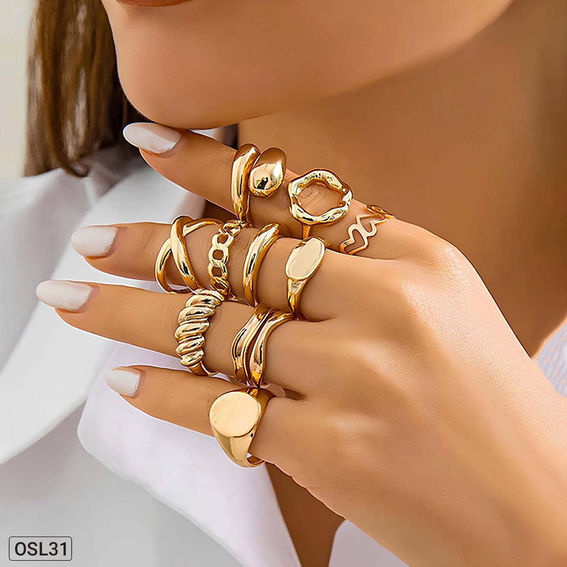 Golden Glow - 10-in-1 Gold Plated Stackable Ring Set (Anti-Tarnish | Adjustable)OSL31